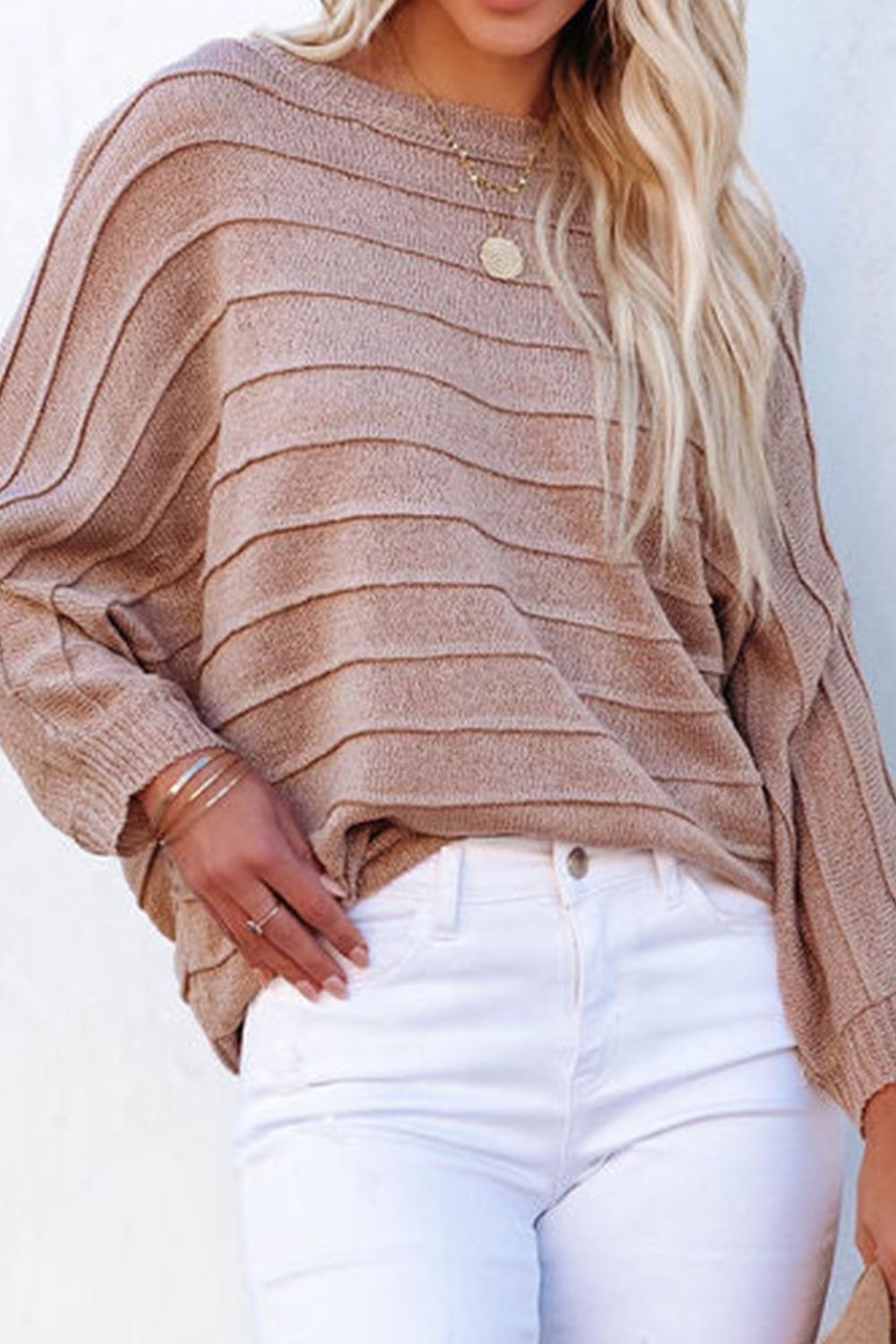 Striped Ribbed Trim Round Neck Sweater