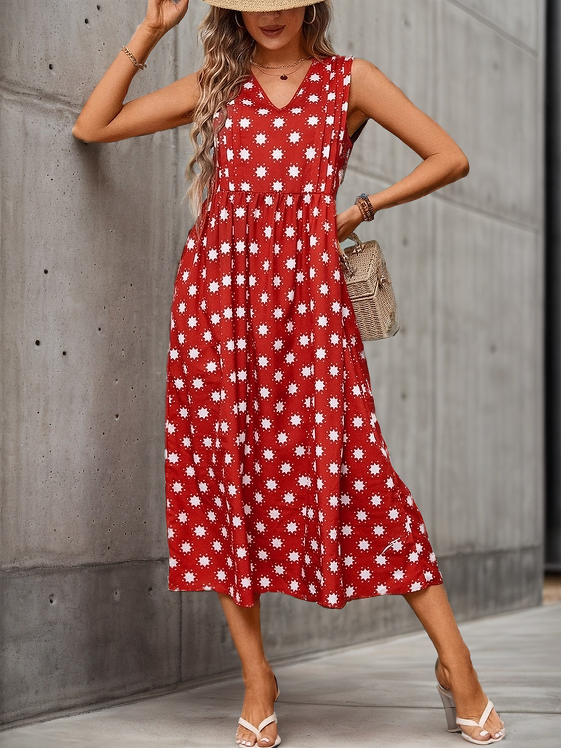 Perfee Printed V-Neck Sleeveless Midi Dress