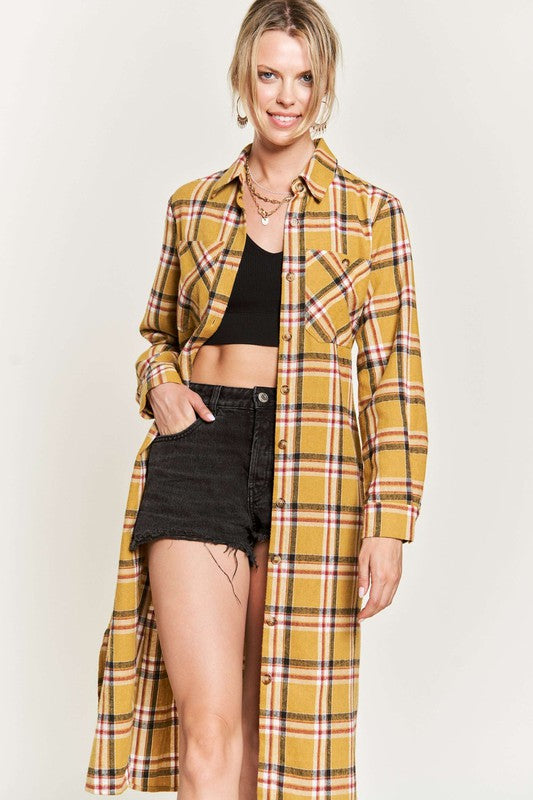 PLAID PRINT COLLAR LONG SHIRT DRESS PLUS