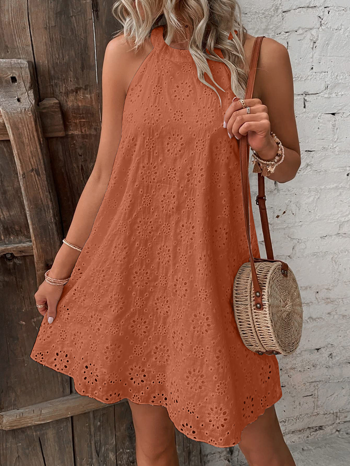 Eyelet Grecian Neck Mini Dress