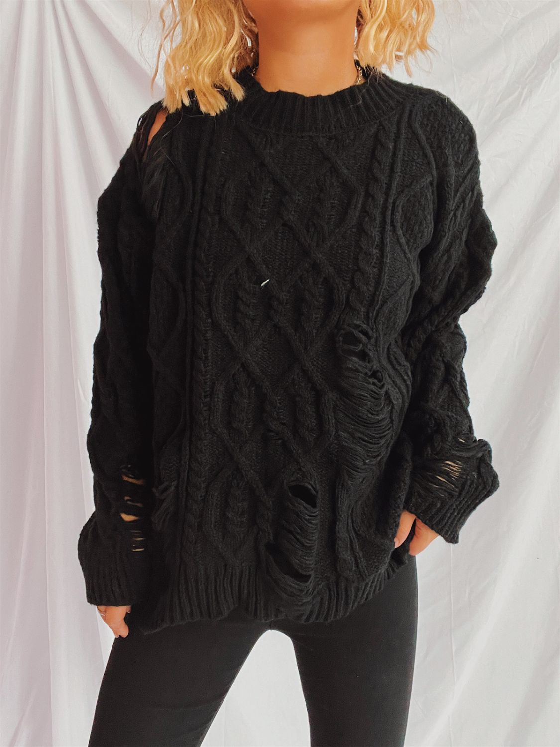 Distressed Cable-Knit Round Neck Long Sleeve Sweater