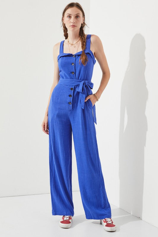 SLEEVELESS ADJUSTABLE STRAP BUTTON DOWN JUMPSUIT