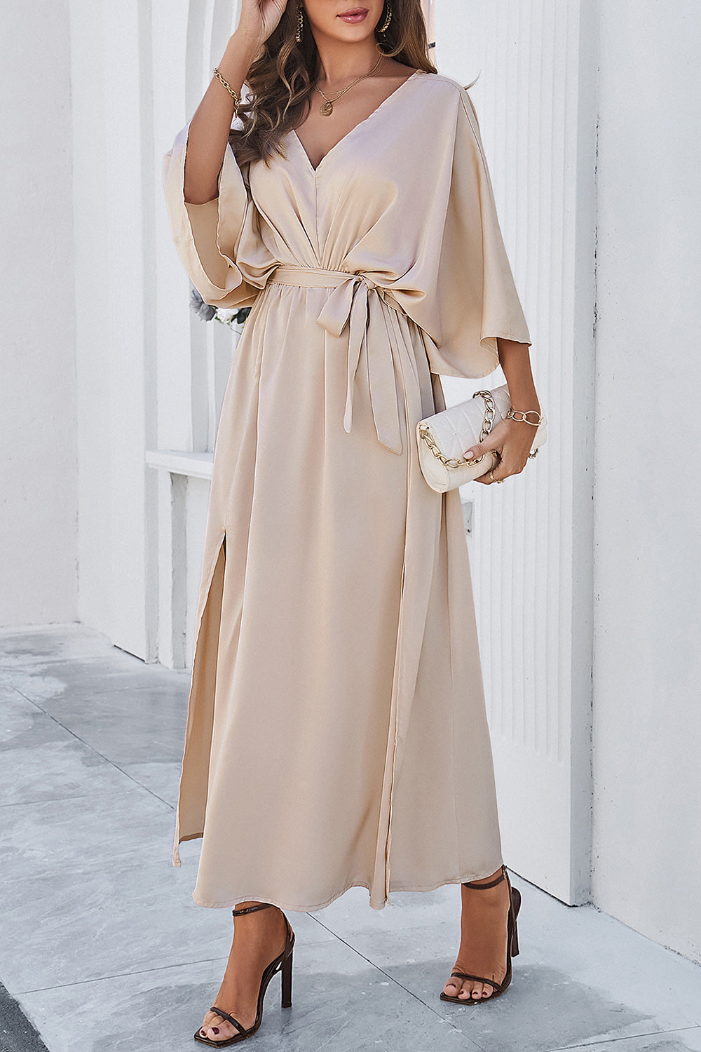 Slit Tied V-Neck Three-Quarter Sleeve Dress