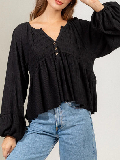 Notched Balloon Sleeve Peplum Blouse