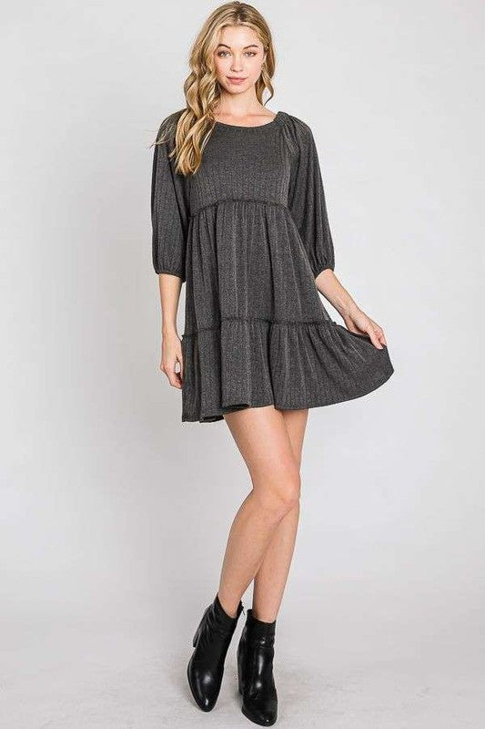 SOLID RIB CASUAL BABYDOLL TIERED DRESS