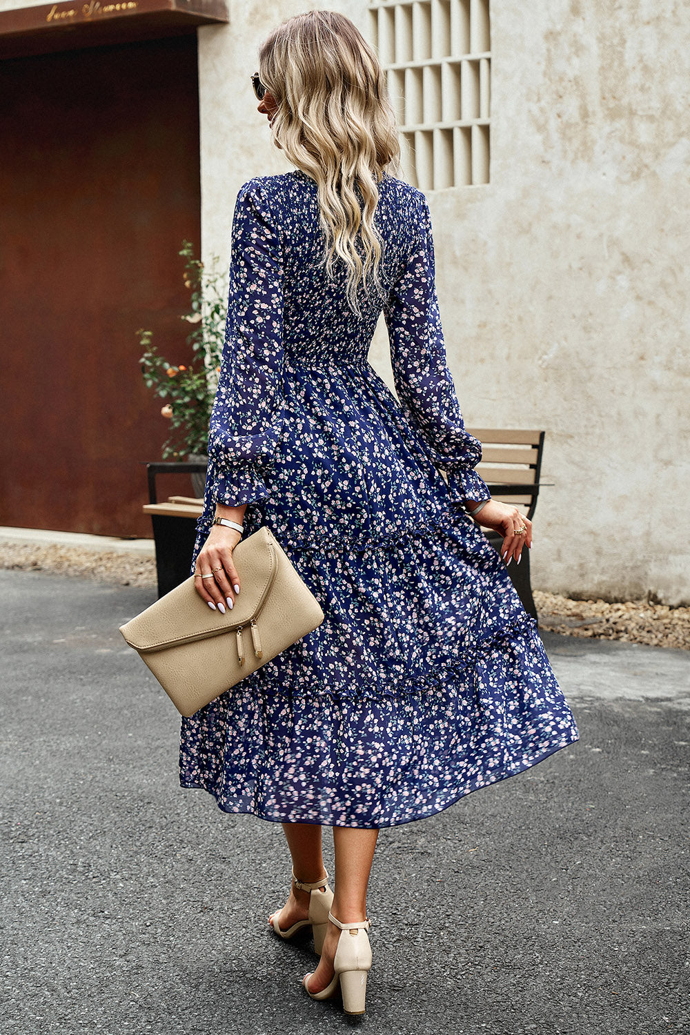 Smocked Flounce Sleeve Midi Dress