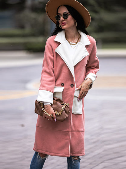 Contrast Lapel Collar Coat with Pockets