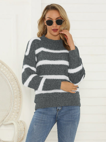 Shiny Striped Round Neck Long Sleeve Sweater