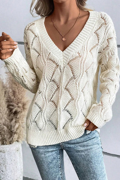 Openwork V-Neck Long Sleeve Sweater