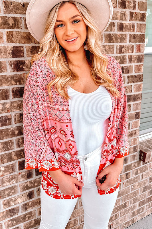 Open Front Printed Kimono Sleeve Cardigan