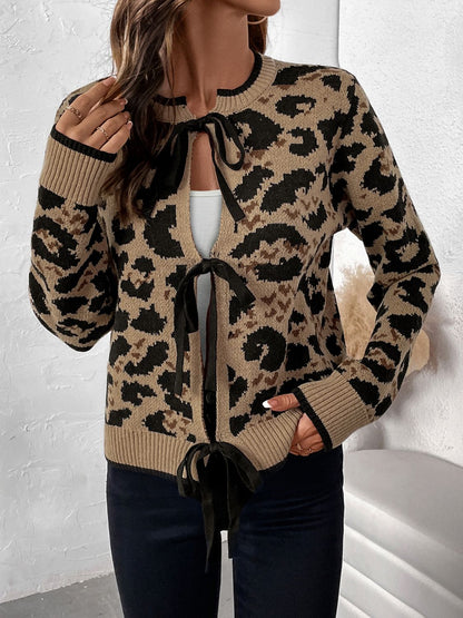 Perfee Tied Leopard Long Sleeve Cardigan