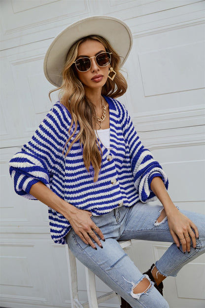 Striped Button Up Long Sleeve Cardigan