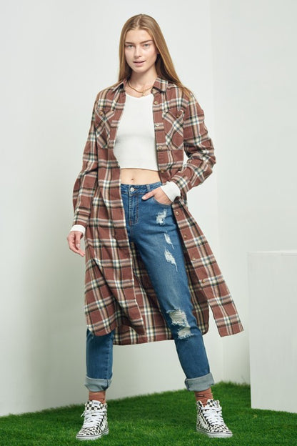 PLAID PRINT COLLAR LONG SHIRT DRESS