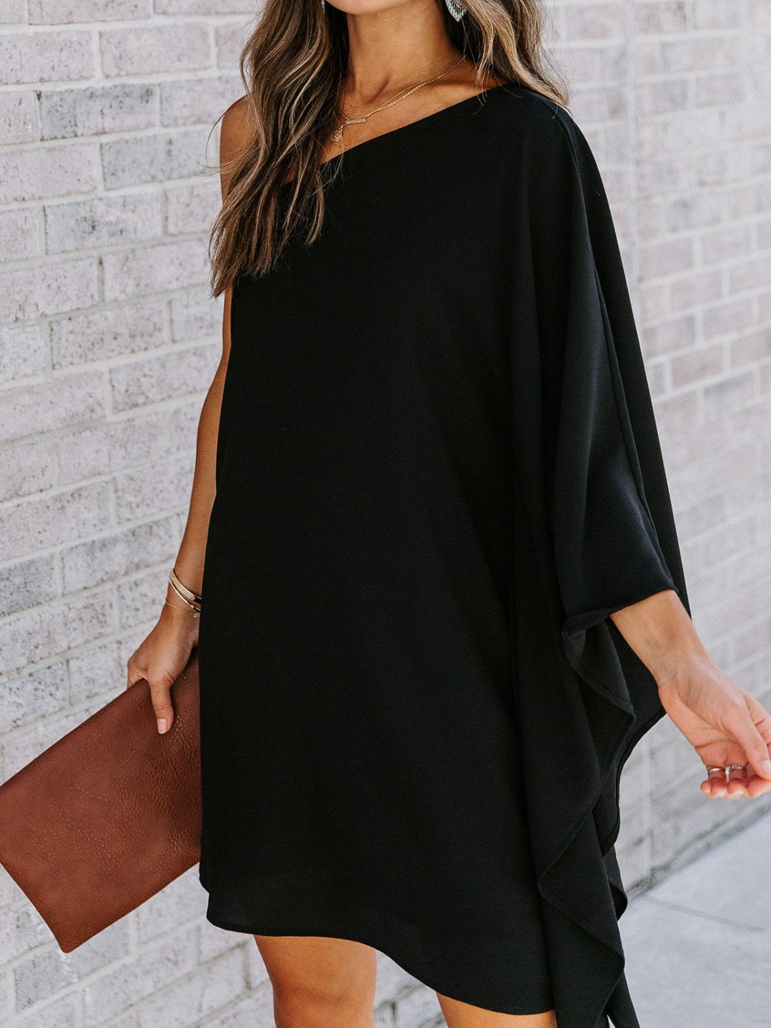 Single Shoulder Kimono Sleeve Mini Dress