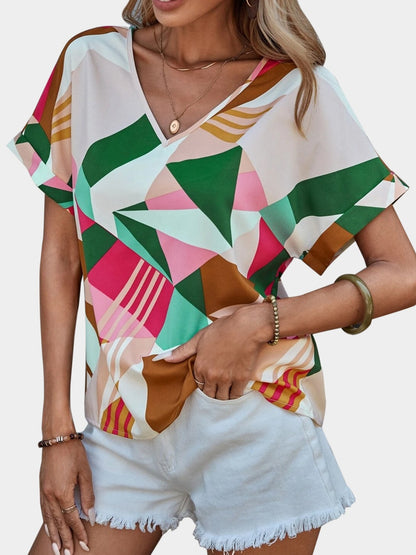 Printed V-Neck Short Sleeve Blouse