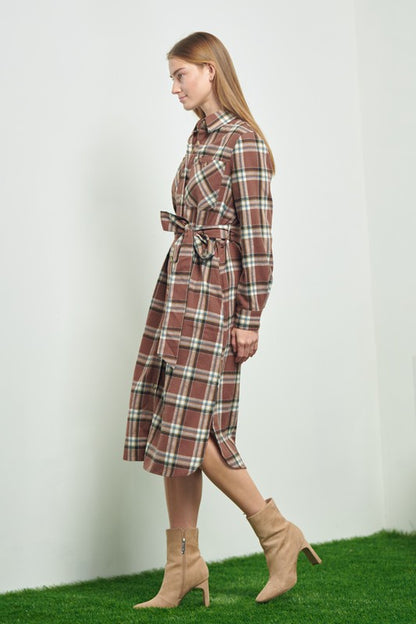 PLAID PRINT COLLAR LONG SHIRT DRESS