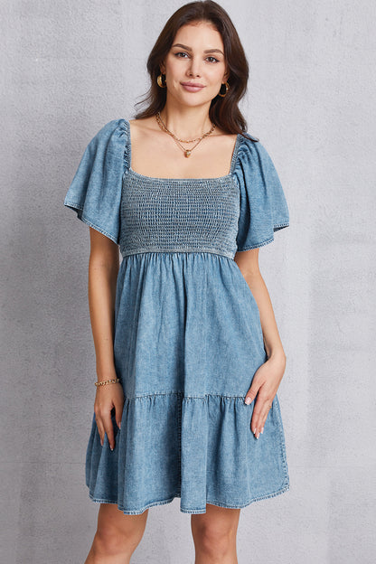 Smocked Square Neck Mini Denim Dress