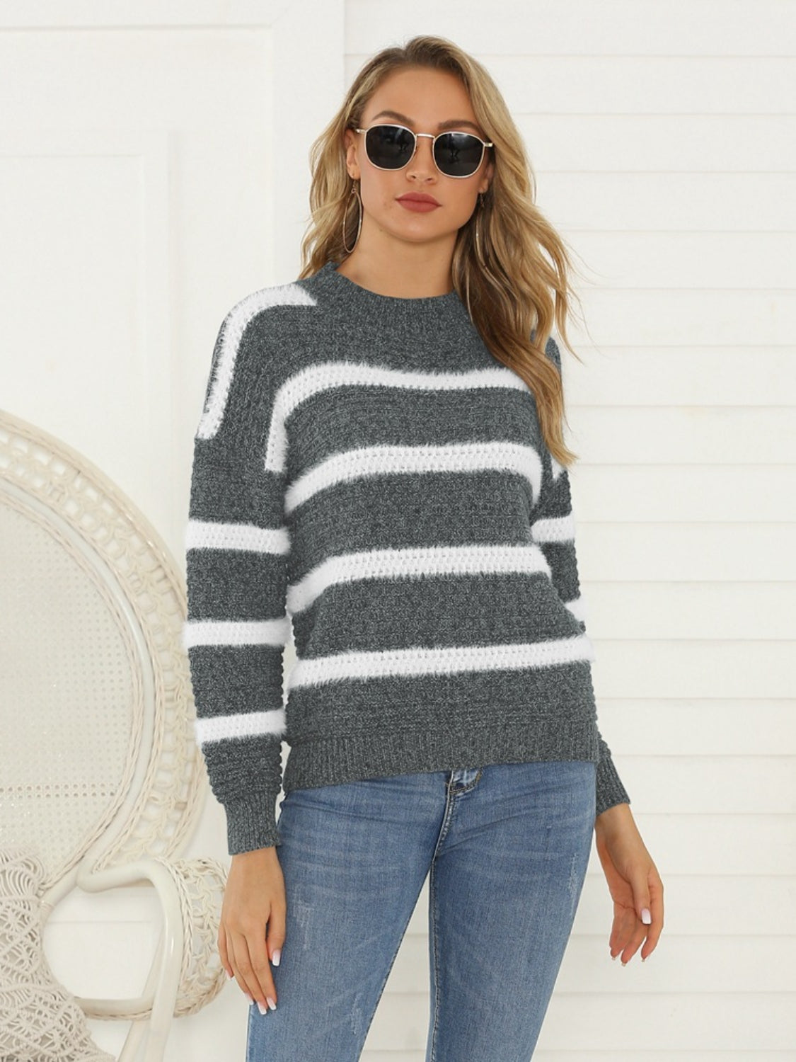Shiny Striped Round Neck Long Sleeve Sweater