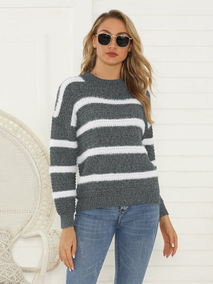 Shiny Striped Round Neck Long Sleeve Sweater