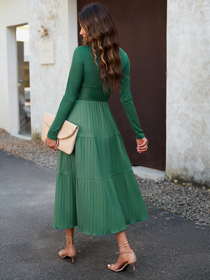 Surplice Neck Long Sleeve Smocked Waist Midi Dress