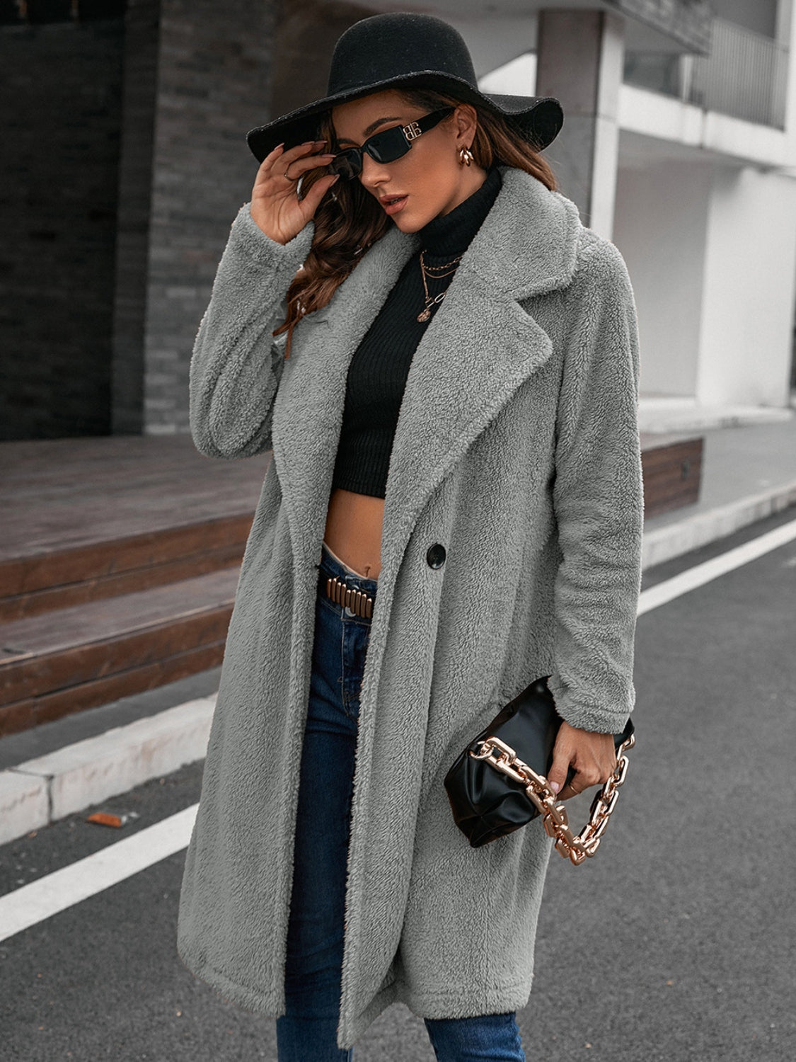 Plush Collared Neck Button Up Coat