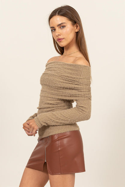 HYFVE Fuzzy Off Shoulder Textured Knit Top