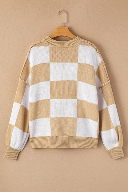 Checkered Exposed Seam Drooped Shoulder Sweater