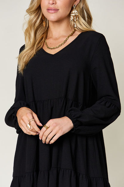 Double Take Full Size V-Neck Balloon Sleeve Tiered Dress