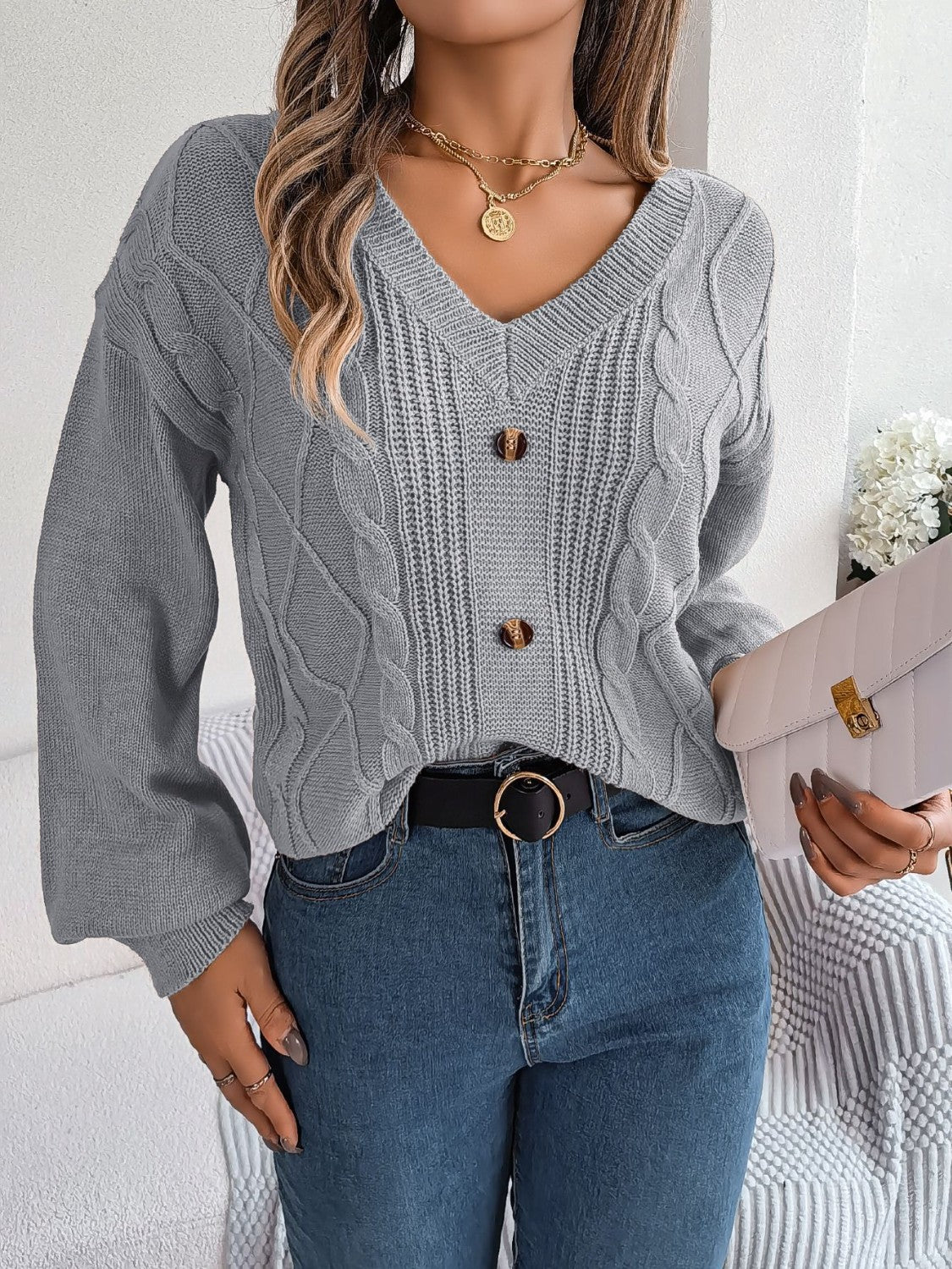 Cable-Knit Buttoned V-Neck Sweater