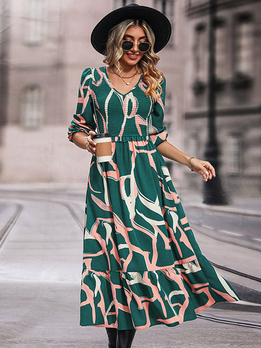 Printed Smocked V-Neck Three-Quarter Sleeve Midi Dress