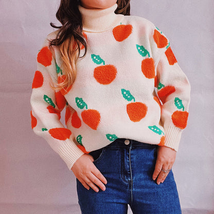 Fruit Pattern Turtleneck Dropped Sweater