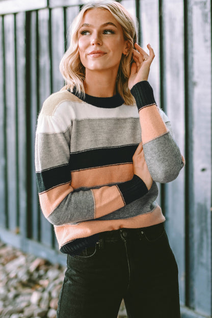 Striped Round Neck Long Sleeve Sweater