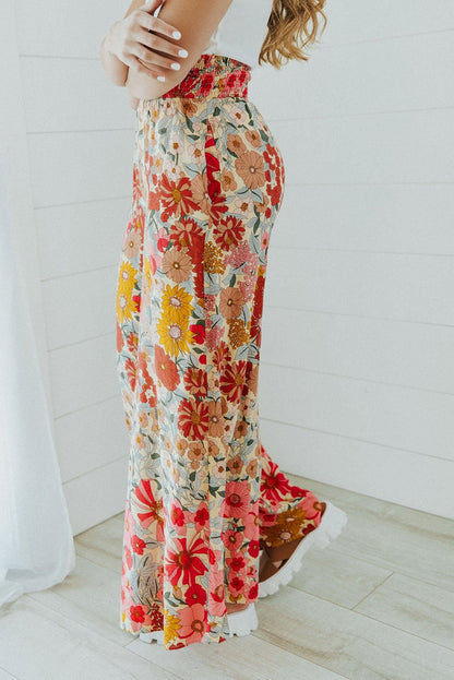 Oatmeal Boho Floral Smocked Waist Wide Leg Pants