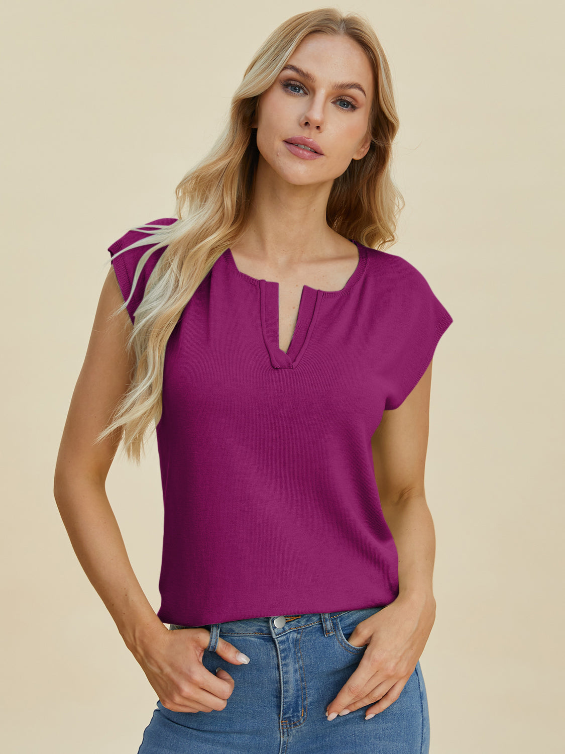 Double Take Full Size Notched Cap Sleeve Knit Top