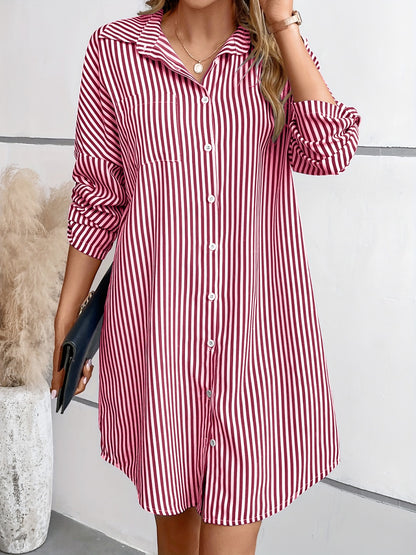 Striped Button Up Long Sleeve Mini Shirt Dress