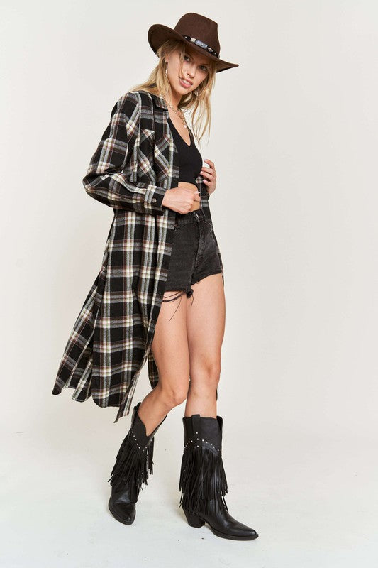 PLAID PRINT COLLAR LONG SHIRT DRESS PLUS