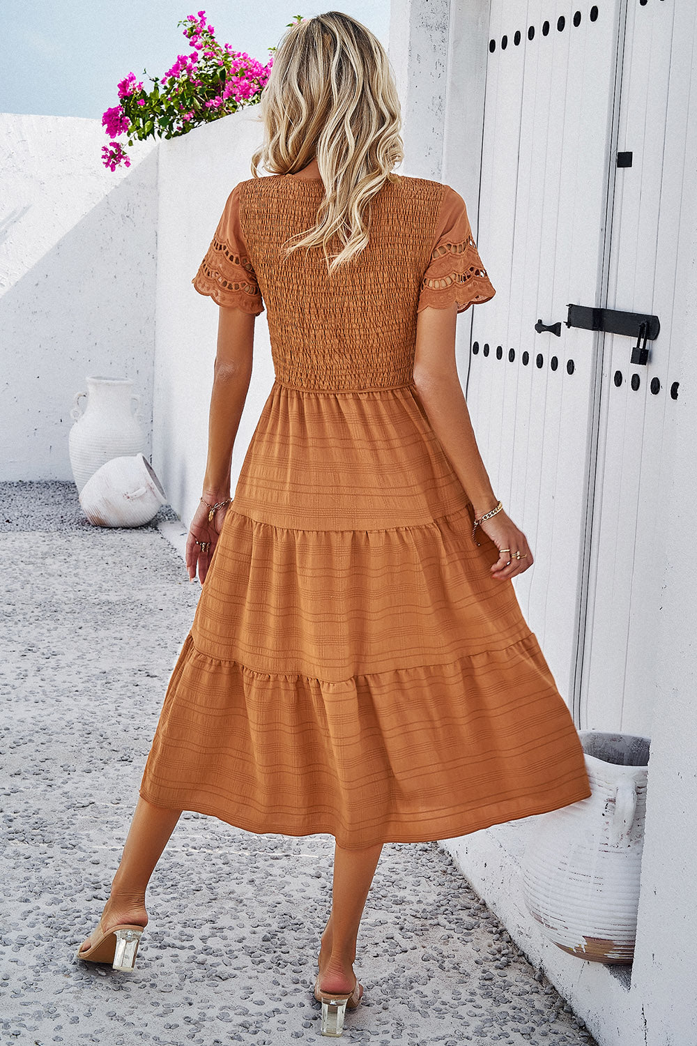 Smocked Round Neck Short Sleeve Midi Dress