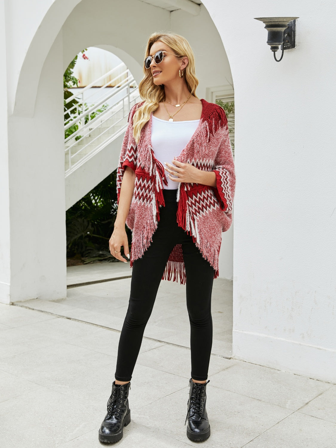 Geometric Fringe Open Front Cardigan