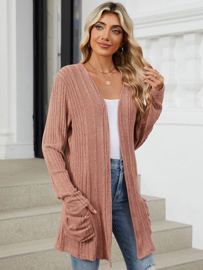 Pocketed Open Front Long Sleeve Cardigan