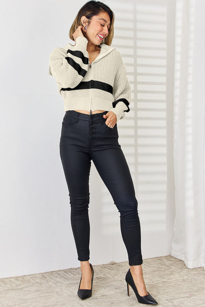 Striped Zip Up Dropped Shoulder Cardigan