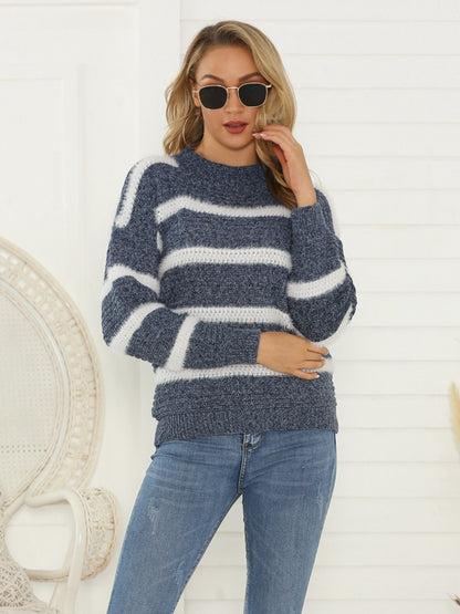 Shiny Striped Round Neck Long Sleeve Sweater