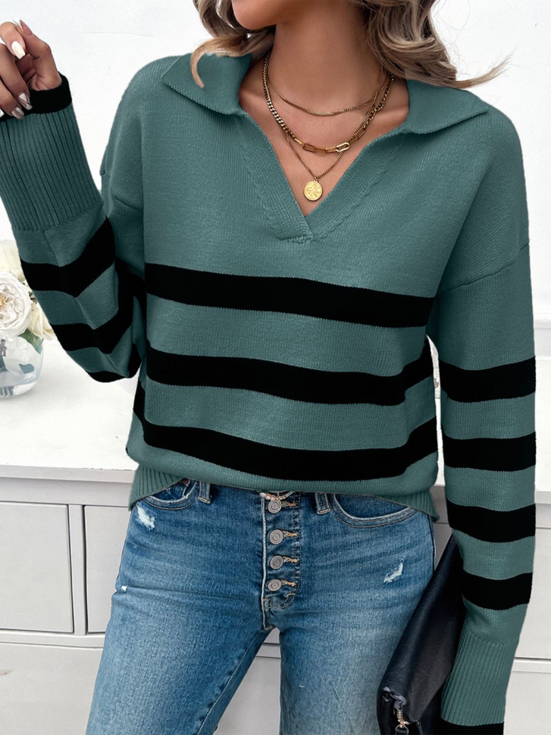 Devine Striped Collared Neck Long Sleeve Sweater