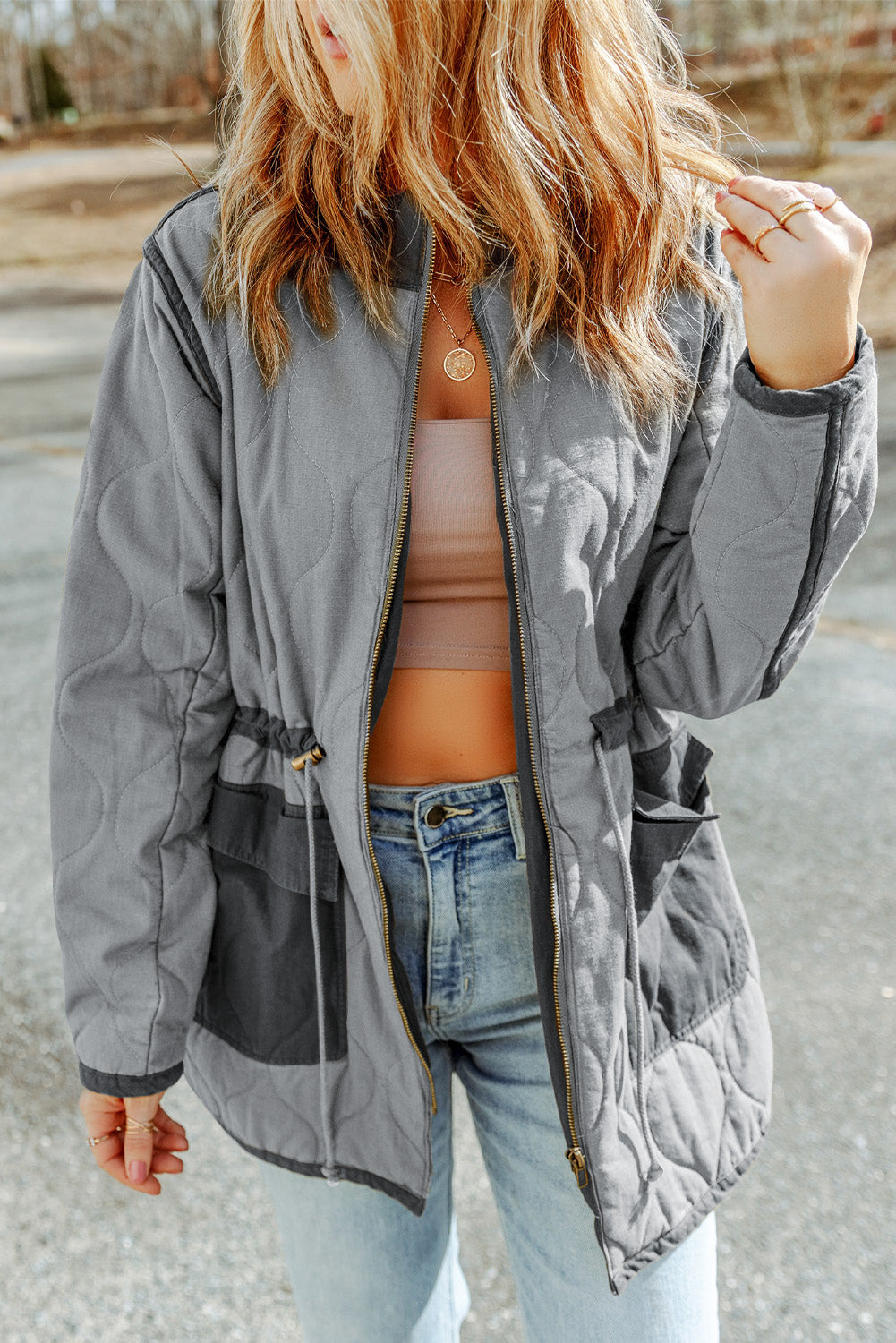 Drawstring Waist Zip-Up Jacket