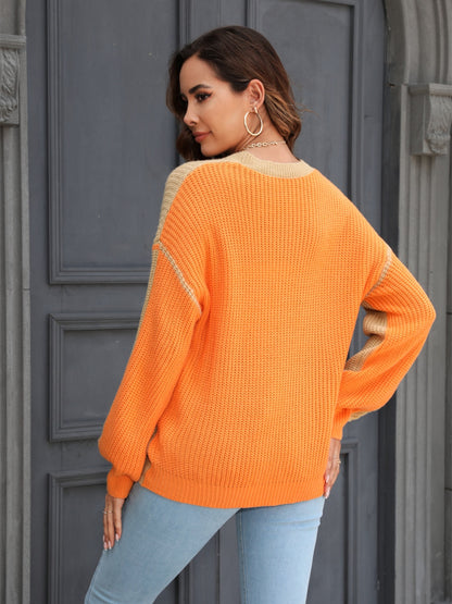 Contrast Round Neck Dropped Shoulder Sweater