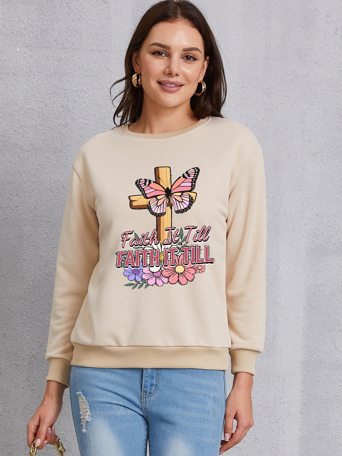 FAITH IT TILL Round Neck Dropped Shoulder Sweatshirt