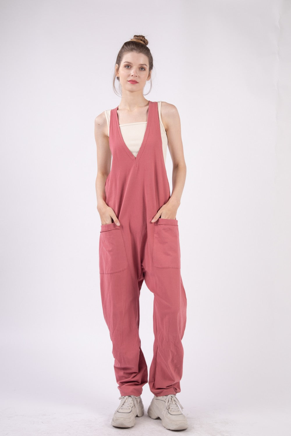 VERY J  Plunge Sleeveless Jumpsuit with Pockets