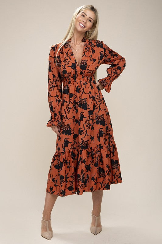 Floral Print Bishop Sleeve Shirred Dress