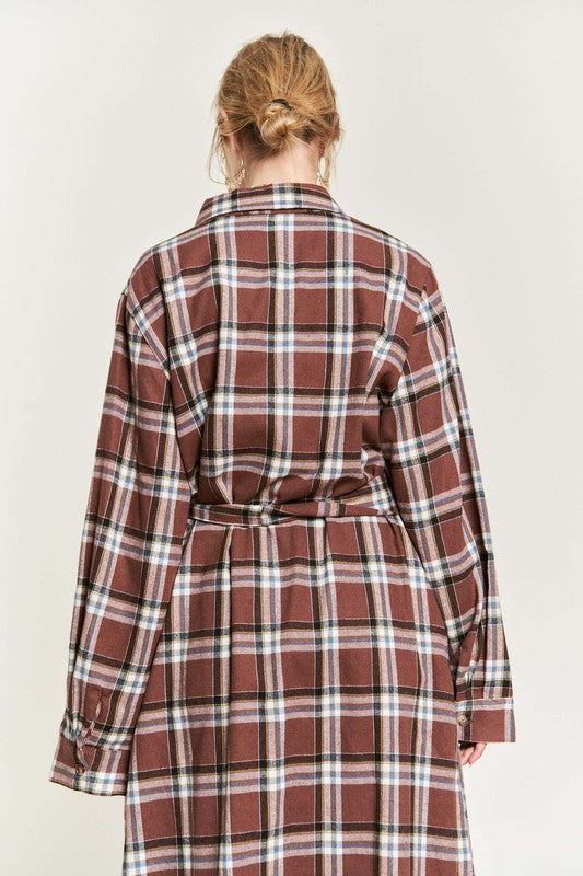 PLAID PRINT COLLAR LONG SHIRT DRESS PLUS