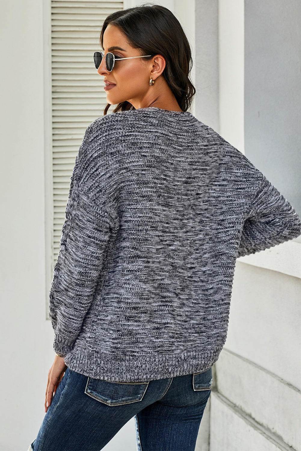 Waffle-Knit Open Front Dropped Shoulder Sweater