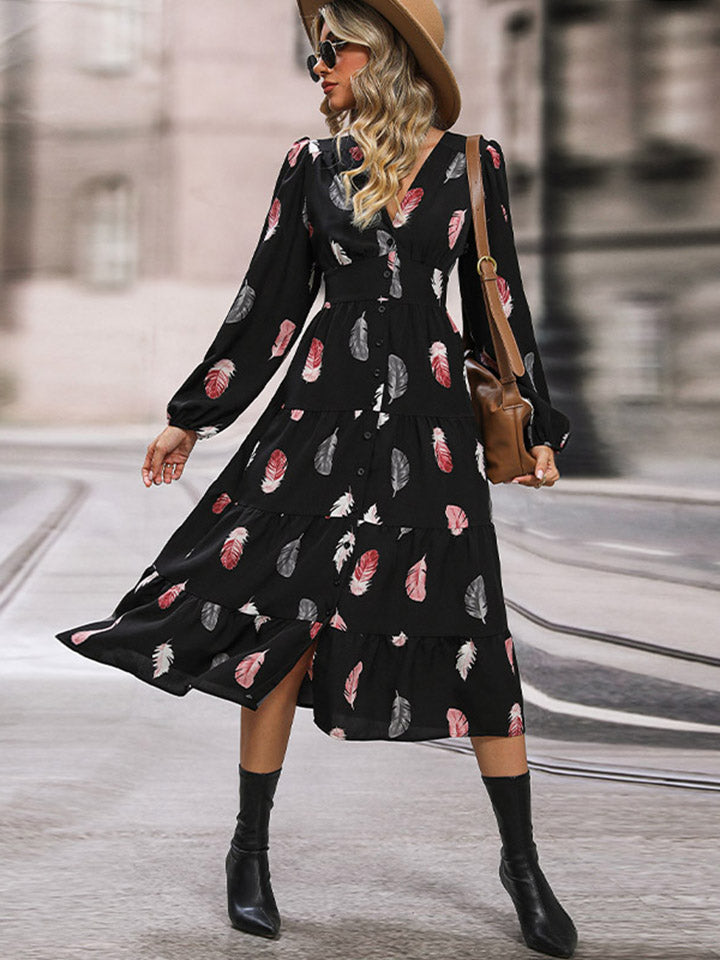 Printed V-Neck Slit Dress